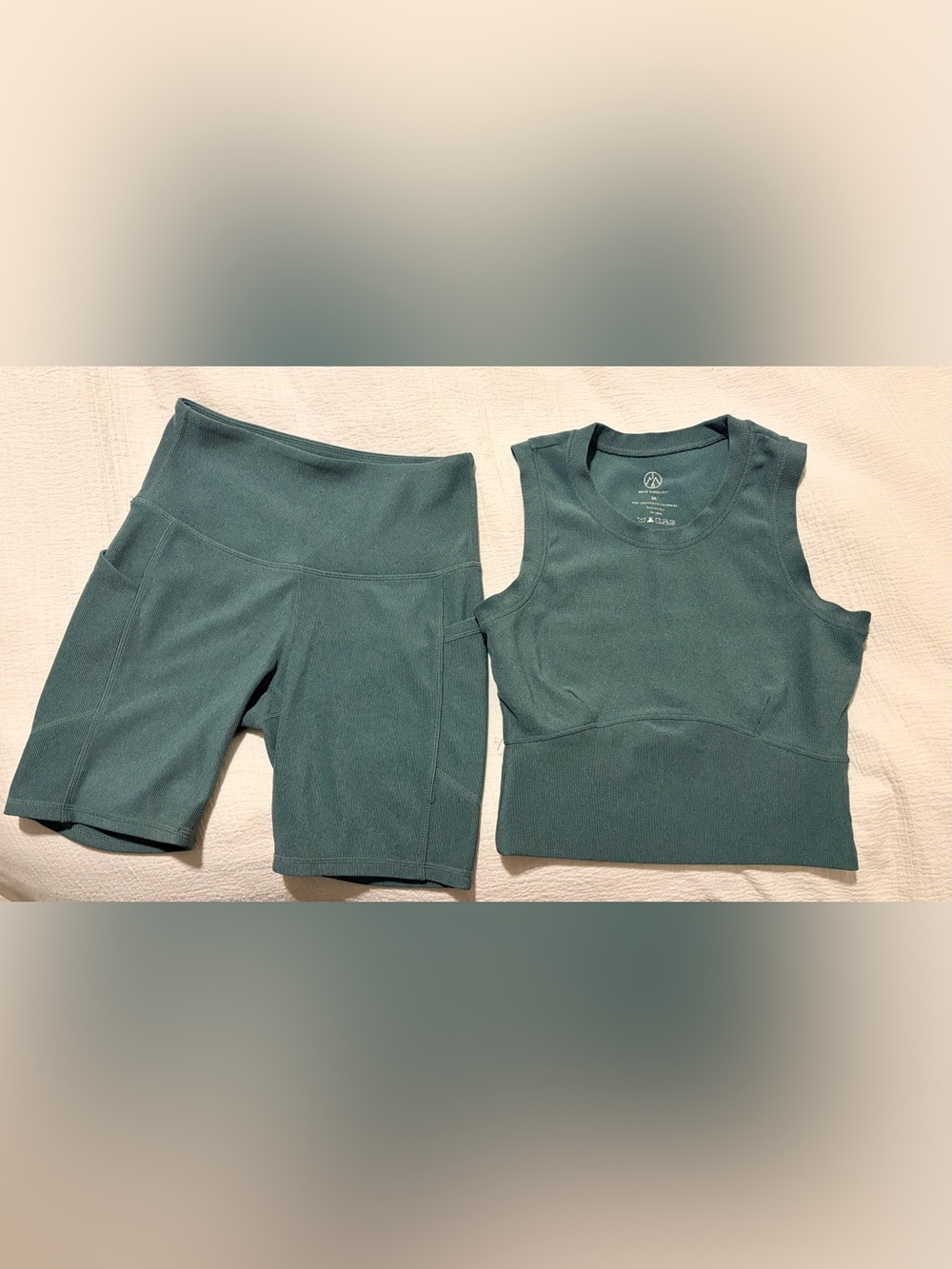 Sleeveless Ribbed Crop Tank and High-Waist Bike Shorts Set in Teal